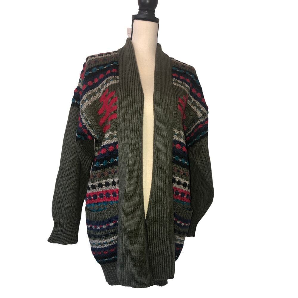 Vintage Sweater 80s Grandpa Spiegel Open Cardigan Green Multi Shawl Collar M/L